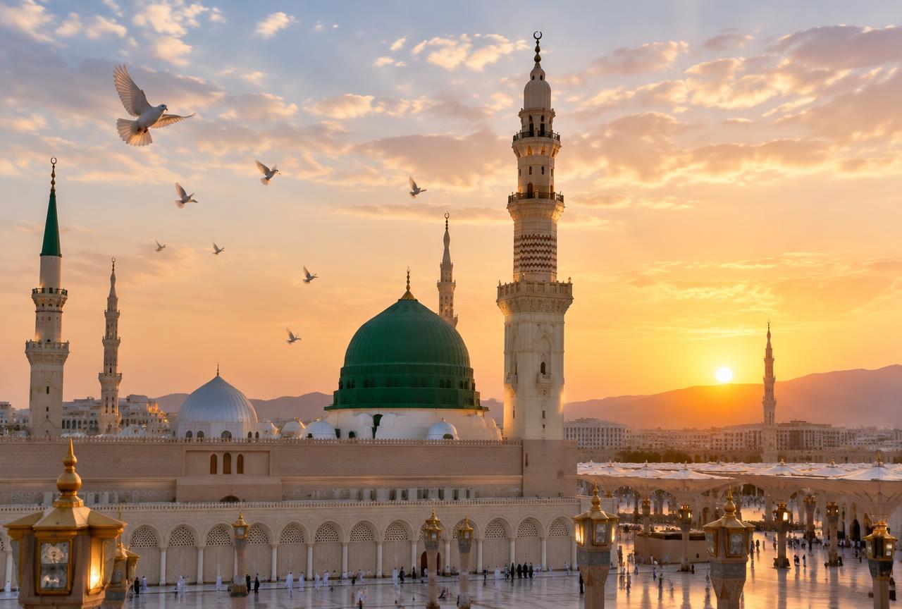 The Green Dome of Masjid an Nabawi in Madinah at dawn