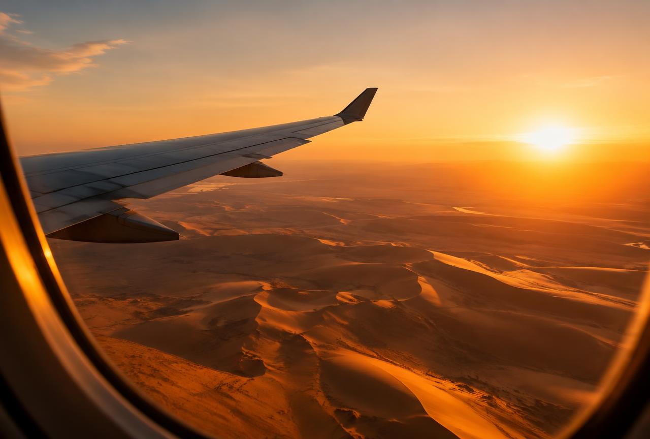 Airplane wing over golden desert dunes at sunset