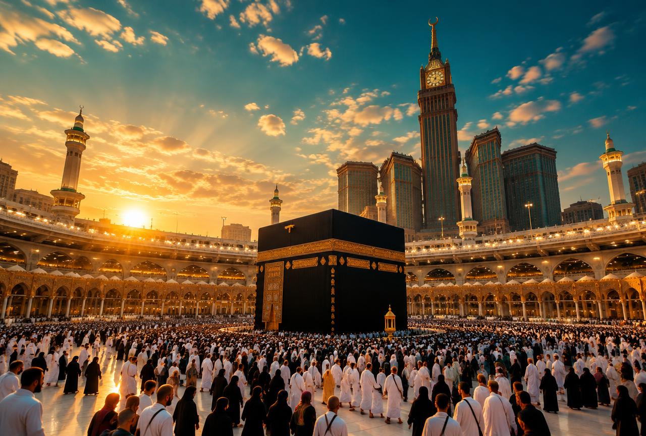 Pilgrims performing tawaf around the Kaaba at sunset